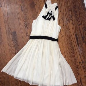 Club Monaco Cream Ruffle Neck Dress with Black Bow